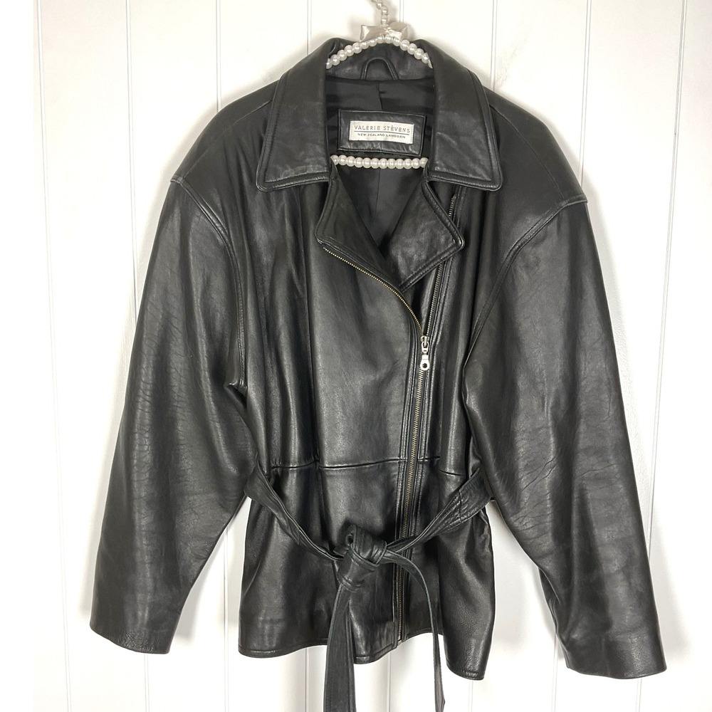 Valerie Stevens New Zealand Lambleather Black Moto Belted Jacket SZ 12‎
